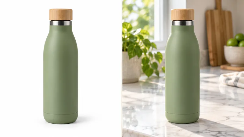 The same product photo shown on a plain white backdrop and on a sunlit marble countertop.