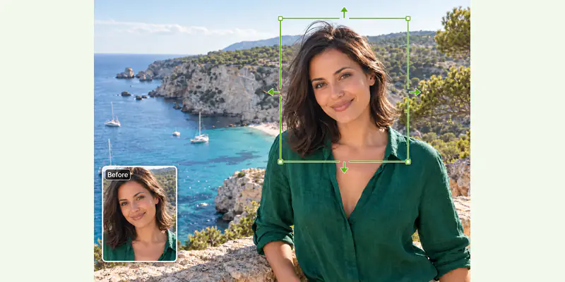A coastal portrait with a small original-photo thumbnail and green markers showing the expanded Mediterranean scene.
