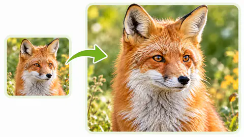 A small, soft photo next to the same image enlarged and sharpened by the AI image upscaler.