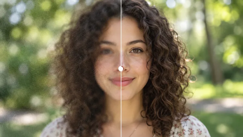 Portrait split down the middle, blurry and grainy on the left and sharp on the right.