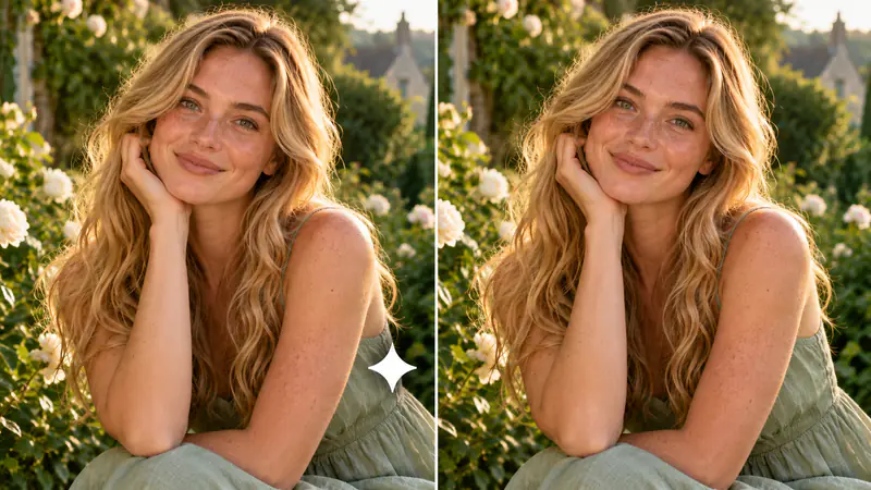 Garden portrait before and after removing the corner sparkle.