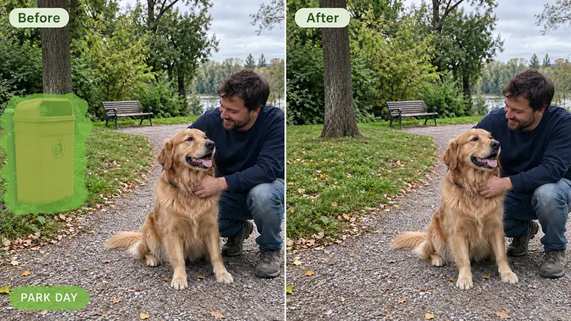 Side-by-side comparison of a scenic park photo before and after erasing unwanted background clutter while keeping the main subjects pristine.