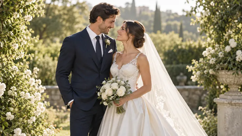 A bride in an ivory wedding gown and a groom in a navy suit sharing a sunlit garden wedding portrait.